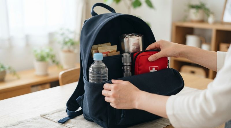 非常持ち出し袋に防災グッズを詰めている様子