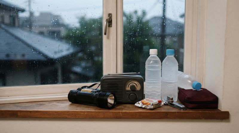 窓辺に置かれた懐中電灯やペットボトルの水などの防災グッズ
