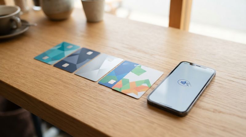 複数のキャッシュレス決済カードとスマートフォンを並べた様子