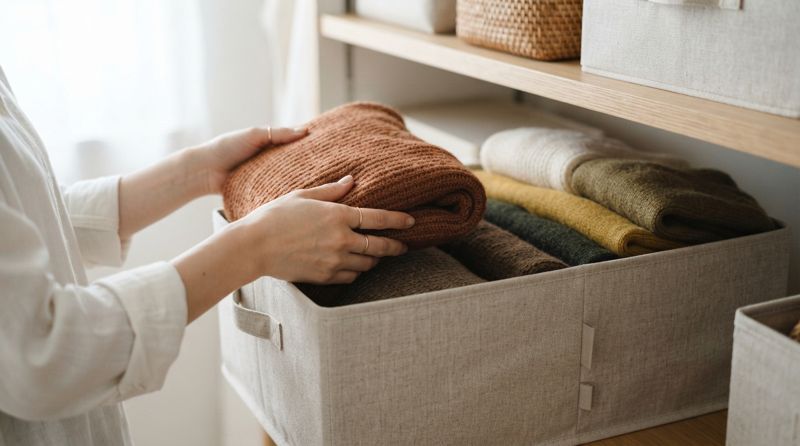秋物の衣類を丁寧にたたんで収納ボックスにしまっている様子