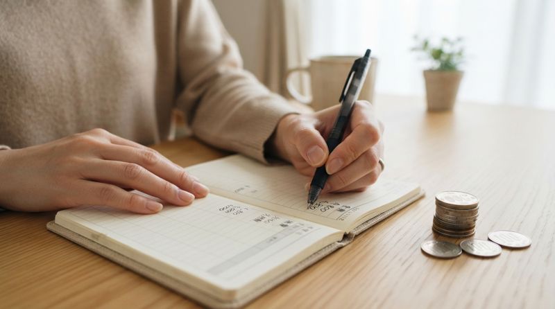 家計簿をつけながら貯金を確認している様子