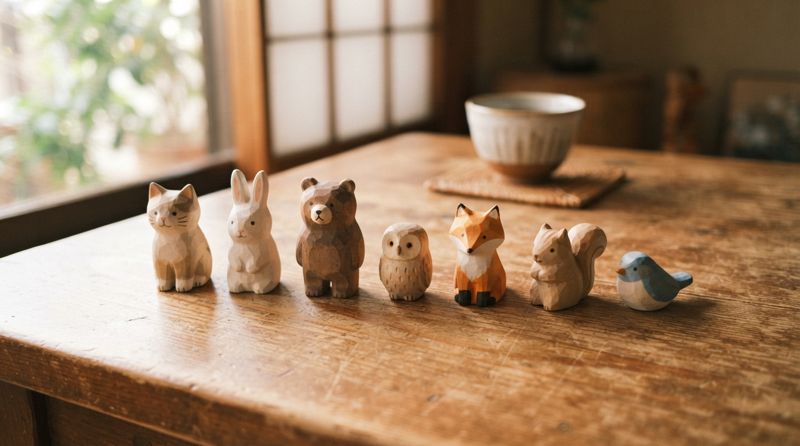 木製の動物フィギュアがテーブルに並べられている様子