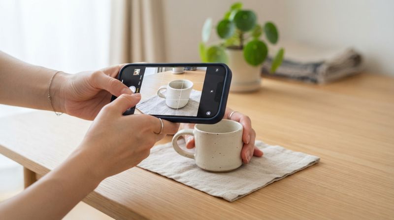 スマートフォンでフリマアプリに出品する商品を撮影している様子