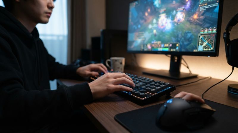 オンラインゲームをプレイしながらモニターに向かう様子