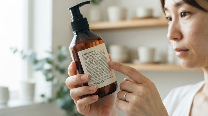 育毛剤の成分表示を確認している様子