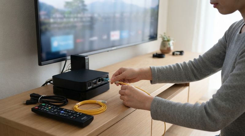 光回線のチューナーをテレビに接続している様子