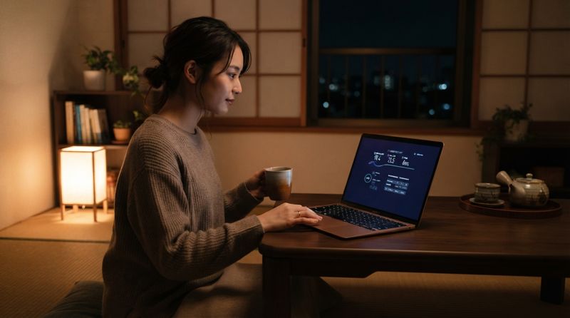 夜の時間帯に自宅で通信速度を確認している様子