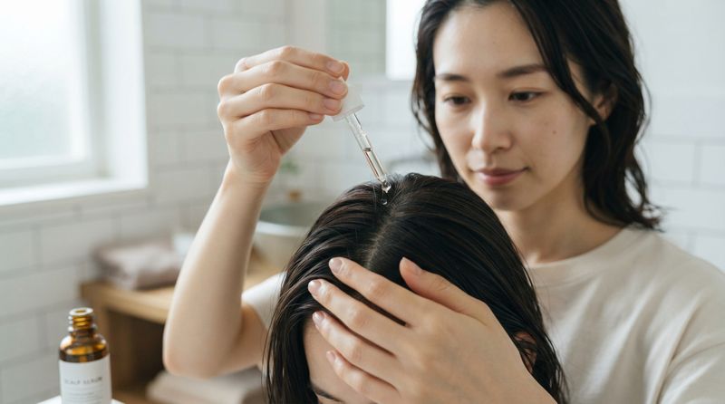 女性が頭皮に発毛剤を塗布している様子