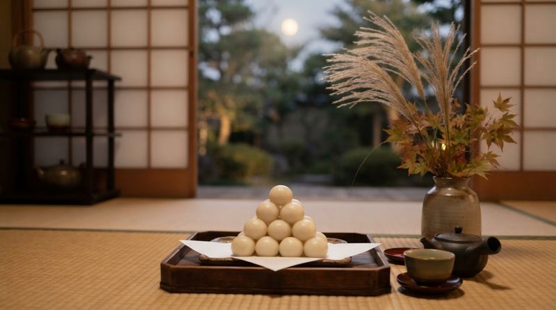 お月見だんごとススキが供えられている様子