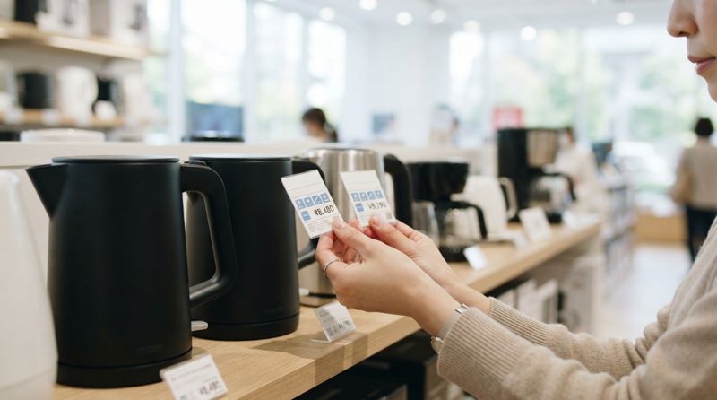 家電量販店で価格タグを見比べている様子