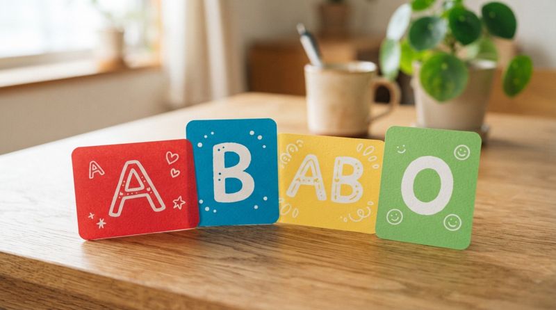 血液型を表すA・B・O・ABのカードが並んでいる様子