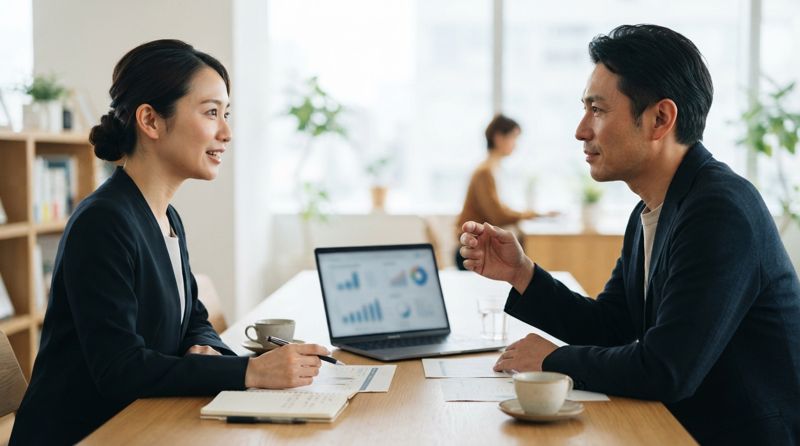 オフィスで落ち着いた雰囲気で条件について話し合っている様子
