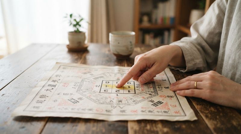 九星気学の運勢チャートを確認している様子