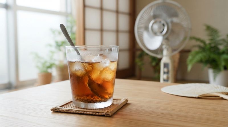 扇風機の前で冷たい麦茶を飲んで休憩している様子