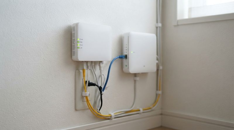 壁に設置されたONUとルーターがケーブルで接続されている様子