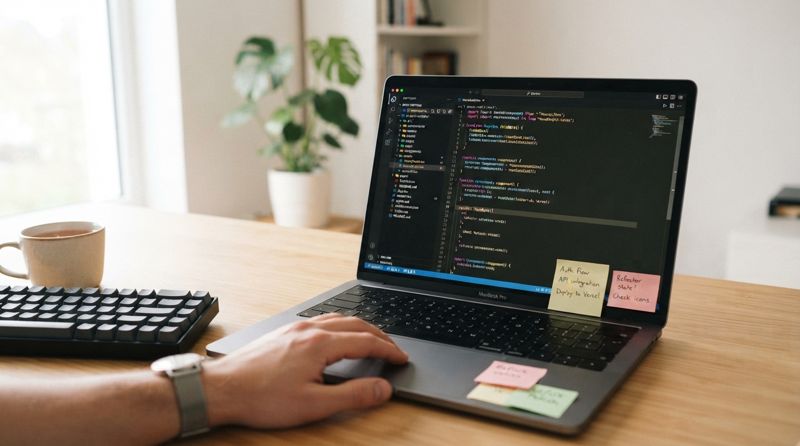 ノートパソコンでポートフォリオのコードを書いている様子