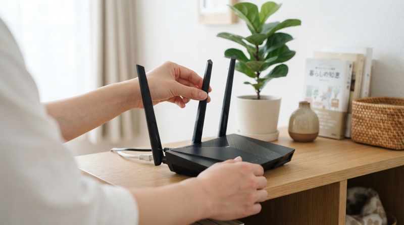 Wi-Fiルーターを部屋に設置している様子
