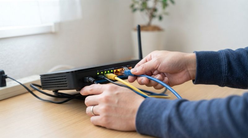 Wi-Fiルーターのケーブル接続を確認している様子