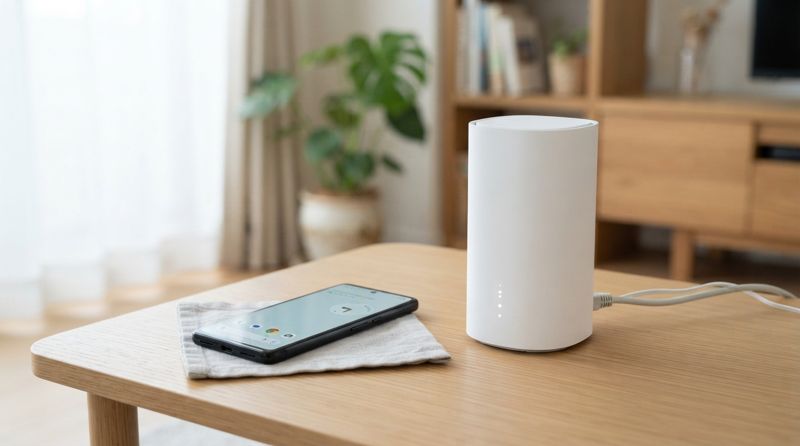 光回線のルーターとスマートフォンが並べて置かれている様子