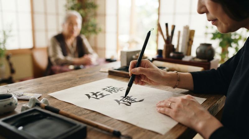 筆で名前の漢字を書いている様子