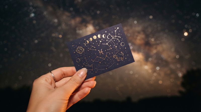 星座のカードを星空にかざしている様子