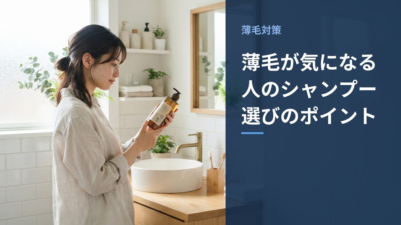 棚に並んだシャンプーのボトルを見比べている様子