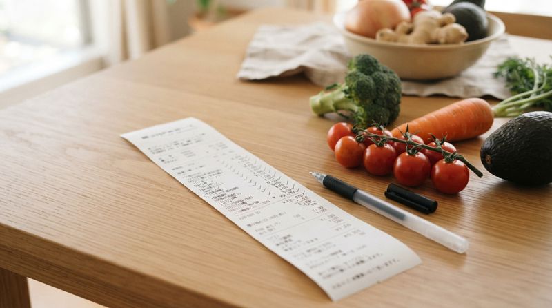 買い物のレシートと野菜を並べて食費を確認している様子