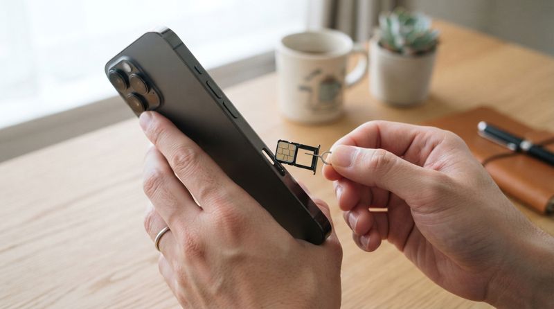 スマートフォンのSIMカードを交換している様子