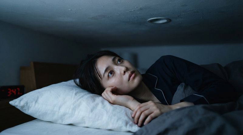 夜眠れずに天井を見つめている様子