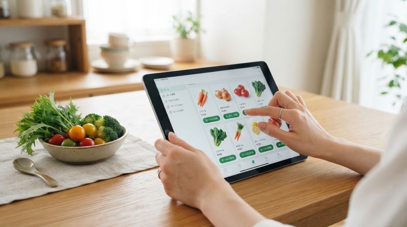 タブレットでネットスーパーの商品を選んでいる様子