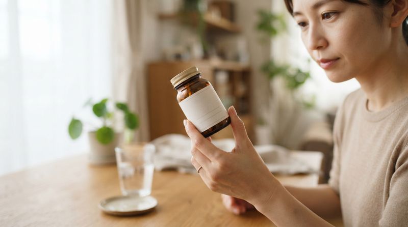薄毛対策サプリメントのラベルを確認している様子