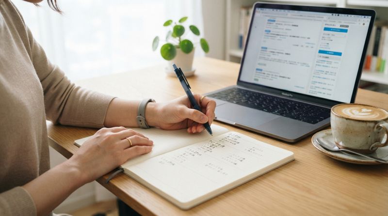 ノートに転職活動の振り返りを書きながらパソコンで求人を確認している様子