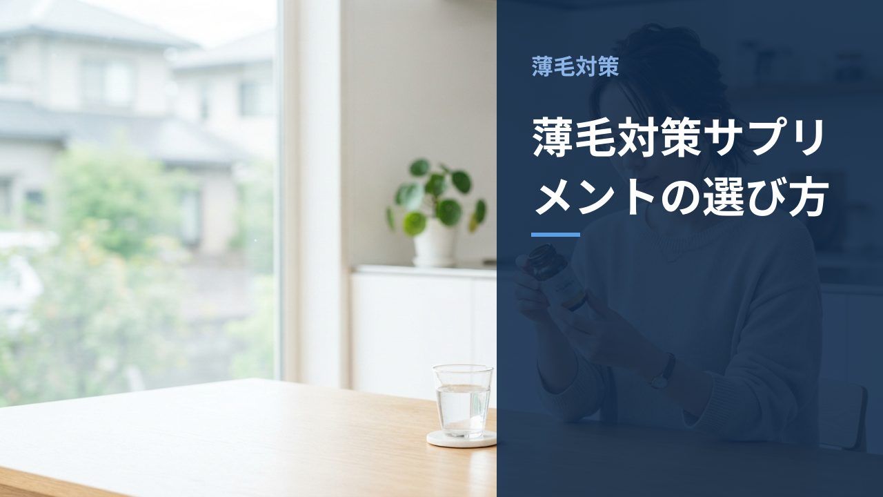 薄毛対策サプリメントのラベルを確認している様子