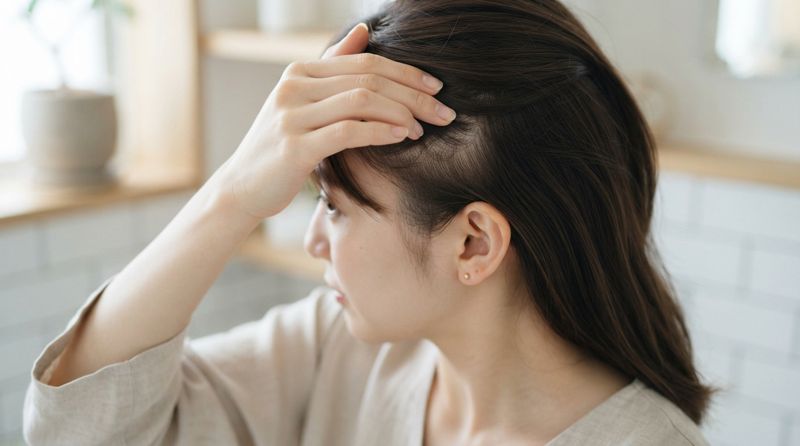鏡の前で分け目の地肌をチェックしている様子
