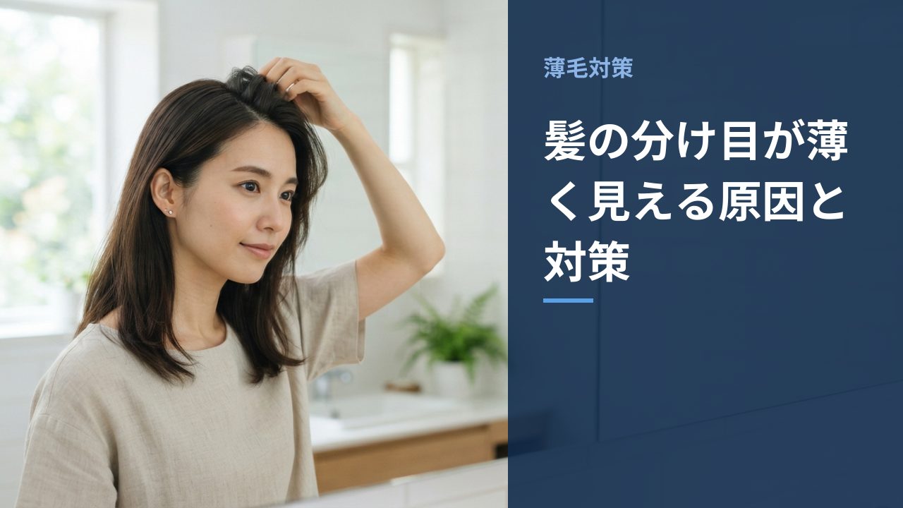 髪の分け目が薄く見える原因と対策を示すイメージ画像
