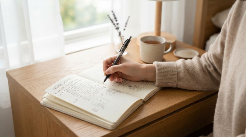 朝、夢日記に見た夢の内容を書き留めている様子
