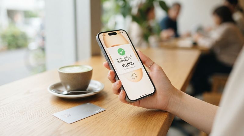 スマートフォンでキャッシュバックの通知を確認している様子