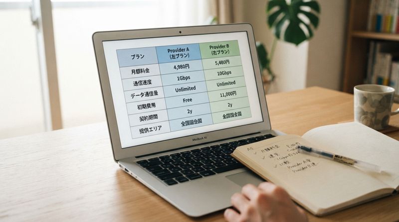 2つの光回線サービスの料金プランを比較している様子