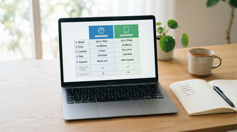 2つの光回線サービスを比較している様子