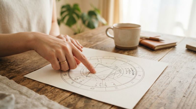 ホロスコープの出生図を確認している様子