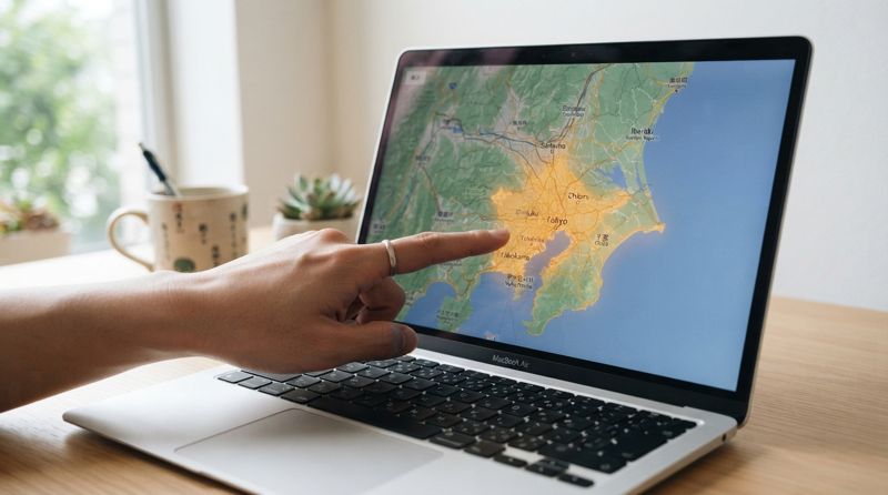 ノートパソコンの地図でインターネット回線の対応エリアを確認している様子