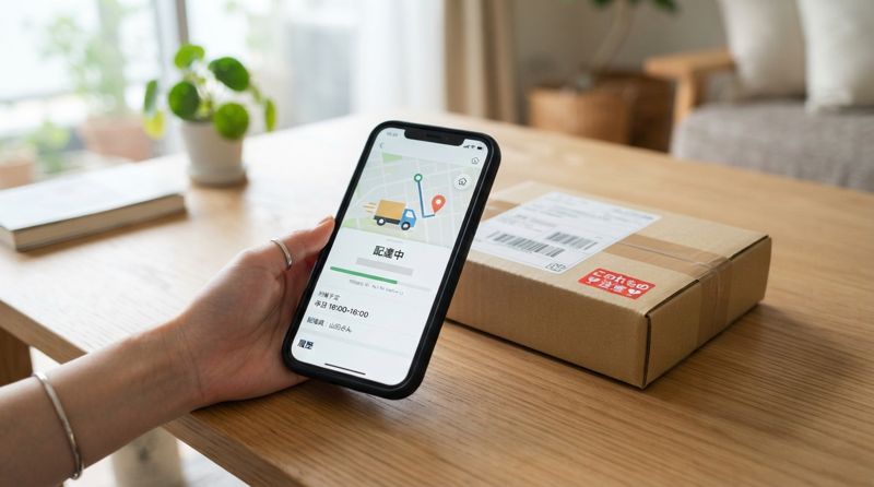 スマートフォンで配達状況を確認している様子