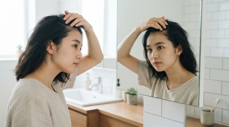 鏡で自分の髪の生え際を確認している若い男性