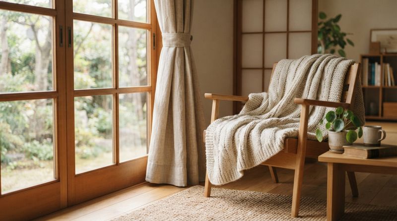 厚手のカーテンとブランケットがある暖かいリビングの様子