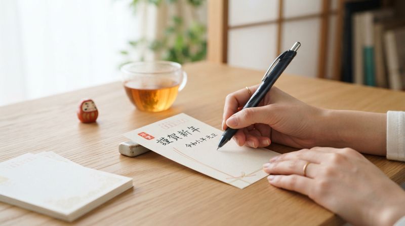 年賀状にペンで文字を書いている手元の様子