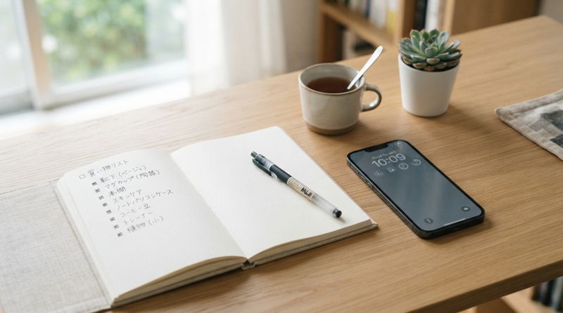 買い物リストが書かれたノートとスマートフォン