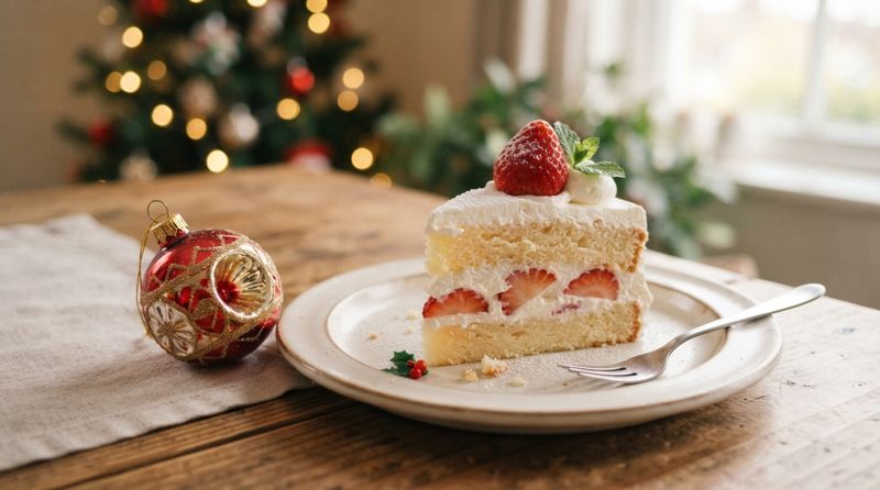 クリスマスの飾りのそばに置かれたいちごのケーキ